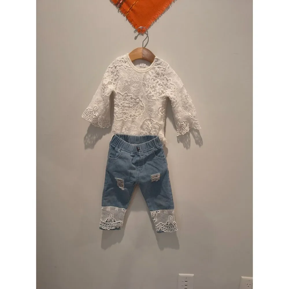Baby Girl's Stylish Set, Lace Ruffle Romper & Flared Denim Jeans & Headband 3Pcs